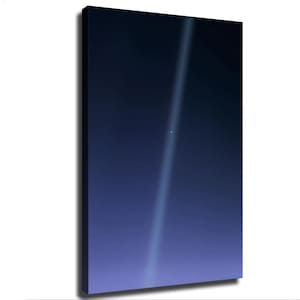 May include: A rectangular canvas wall art print featuring a deep blue and black gradient background. A single, thin, vertical beam of light stretches from the top to the bottom, with a tiny, bright white dot centered within the light beam.
