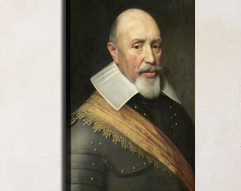 May include: A portrait painting of a bald individual with a white goatee and mustache, wearing a dark metal breastplate, a wide white stiff collar, and a golden sash draped diagonally across the chest against a dark, muted background.