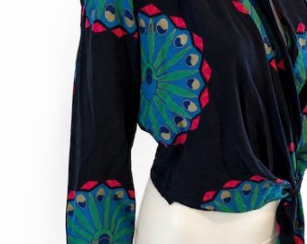 Vintage 1980s Laurèl Silk Wrap Blouse Made in Italy Peacock Print Art Deco Designer Top
