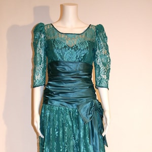 Vintage Classic 80s Teal Lace Dress with Satin Sash and Bow