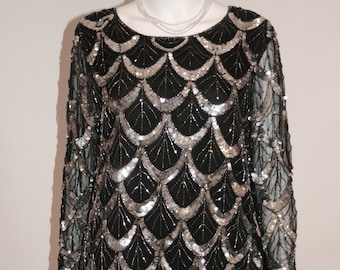 Vintage Black and Silver Sequin and Sheer Blouse
