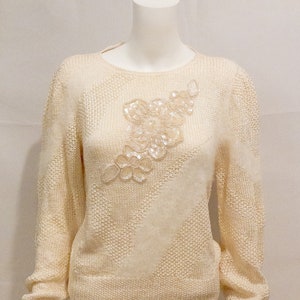 Vintage 1980s Winter White Sweater with Lurex thread, Angora, Sequin and Beading