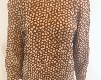 Evan-Picone Petites 80s Vintage Chocolate Brown and Graphic Patterned Silk Blouse-Size 10