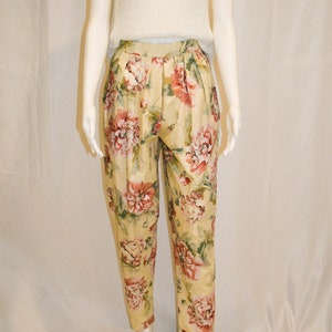 1980s Vintage Cabbage Rose Patterned High Waisted Yellow Pants