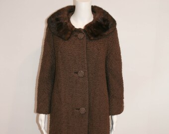 Vintage 1950s Brown Boucle Coat with Mink Collar,Vintage Coat, Vintage Outerwear, Mink Trim