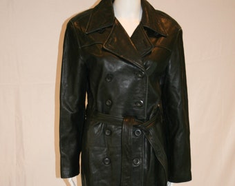 Vintage 1980s  Black Leather Peacoat by Lord and Taylor,  Leather Trenchcoat