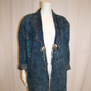 Vintage 1980s Oversized Long Denim Jacket with Conchos image 1