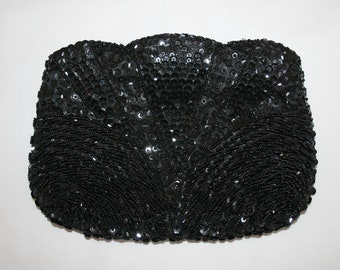 Vintage 1980s Black Sequin Clutch Evening Bag