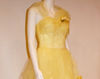 50s Dresses, Vintage 1950s Yellow Tulle and Satin Gown, vintage gowns, 50s tulle gown