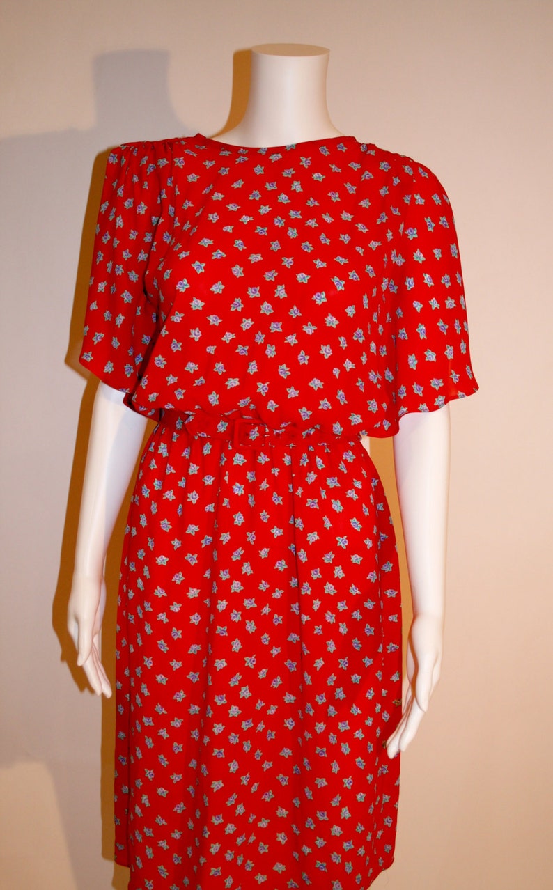Vintage 70s Red Floral Dress: Flutter Sleeve Midi, Size Small image 2