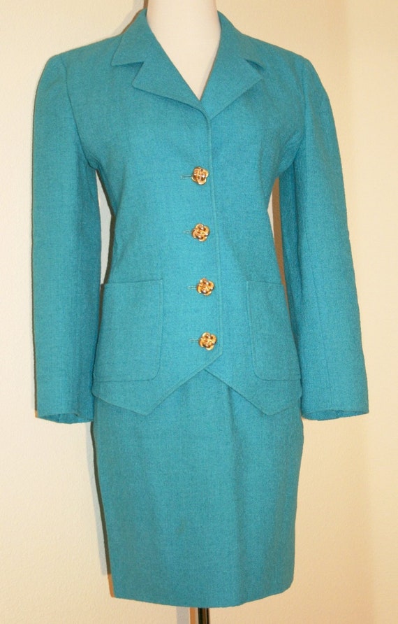 Vintage 1980s Classic Valentino Blue Boucle Suit