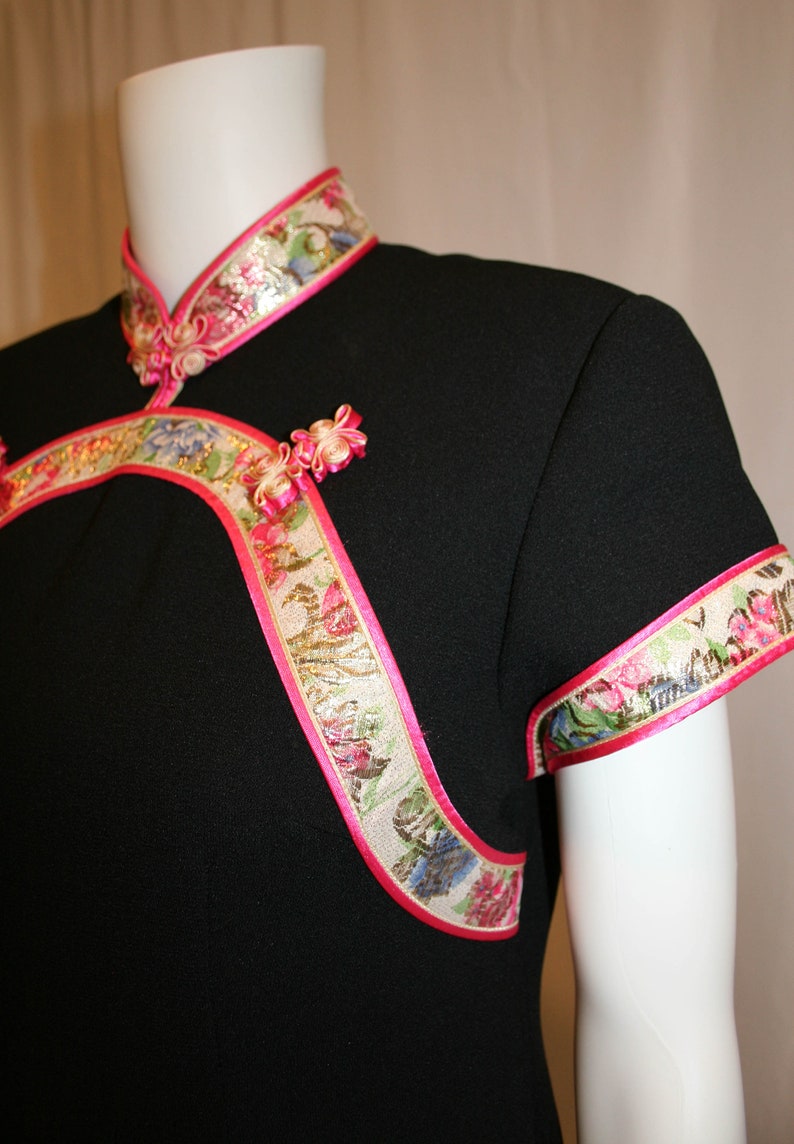 Vintage 1980s Cheongsam Black Dress With Lurex Trim and Side Slits image 4