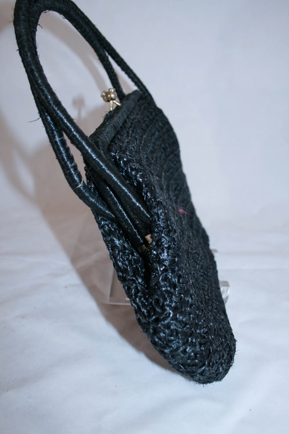 Vintage 1950s Navy Raffia Straw Handbag - image 5