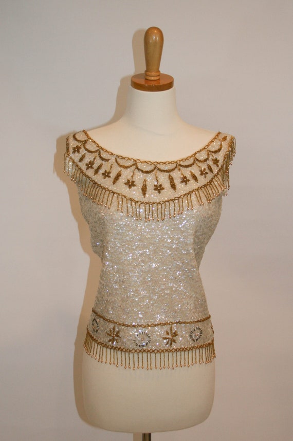 1950s Vintage Hand Beaded Sequin Cream and Gold Ta