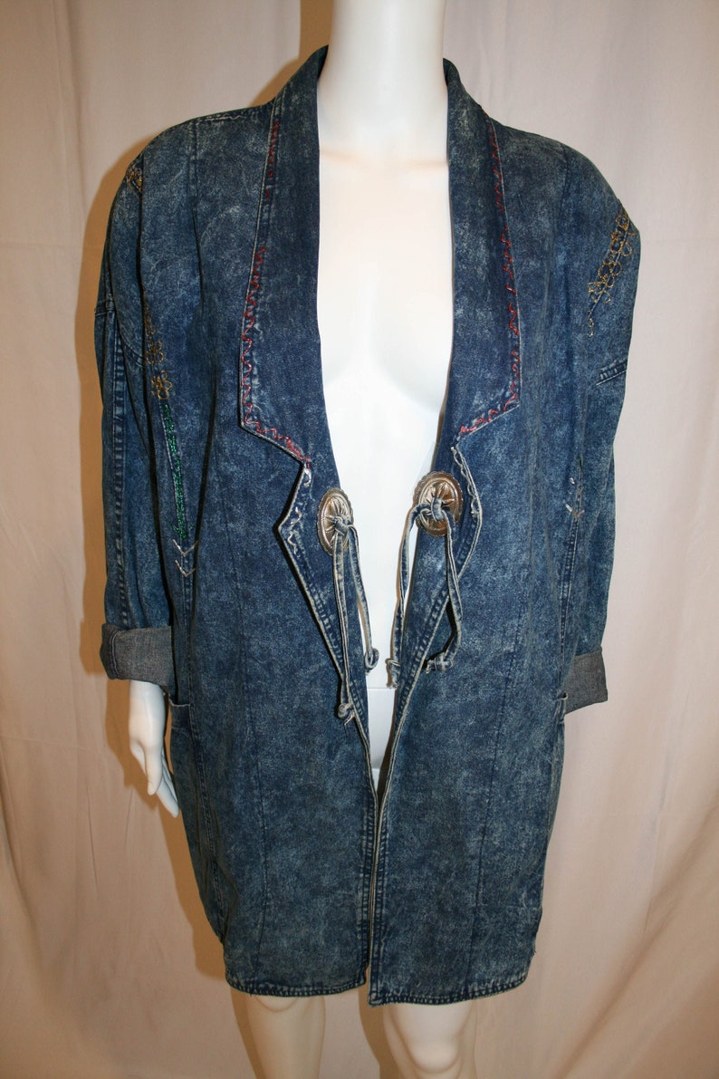 Vintage 1980s Oversized Long Denim Jacket with Conchos image 2