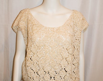 Vintage 1980s Chenille and Ribbon Cream Short Sleeved Sweater Top