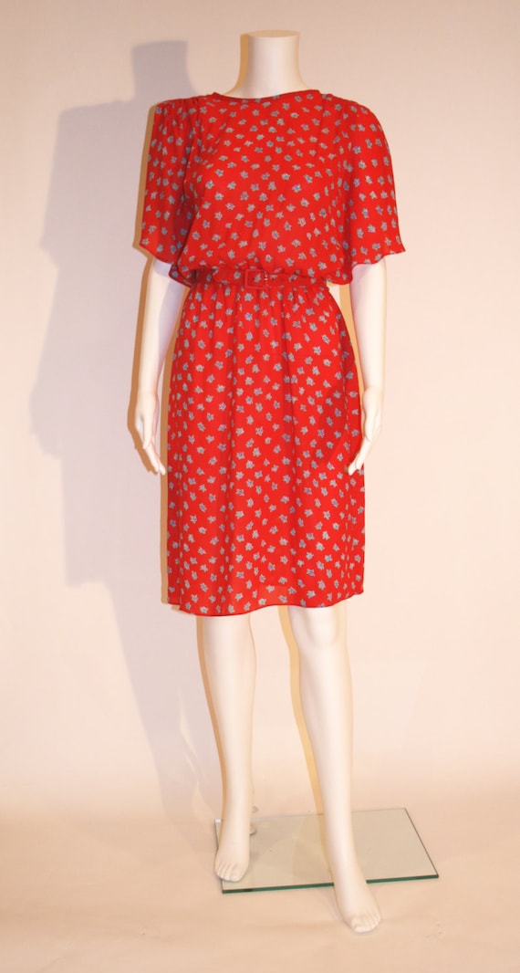 Vintage 70s Red Floral Dress: Flutter Sleeve Midi, Size Small