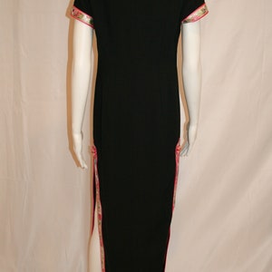 Vintage 1980s Cheongsam Black Dress With Lurex Trim and Side Slits image 6