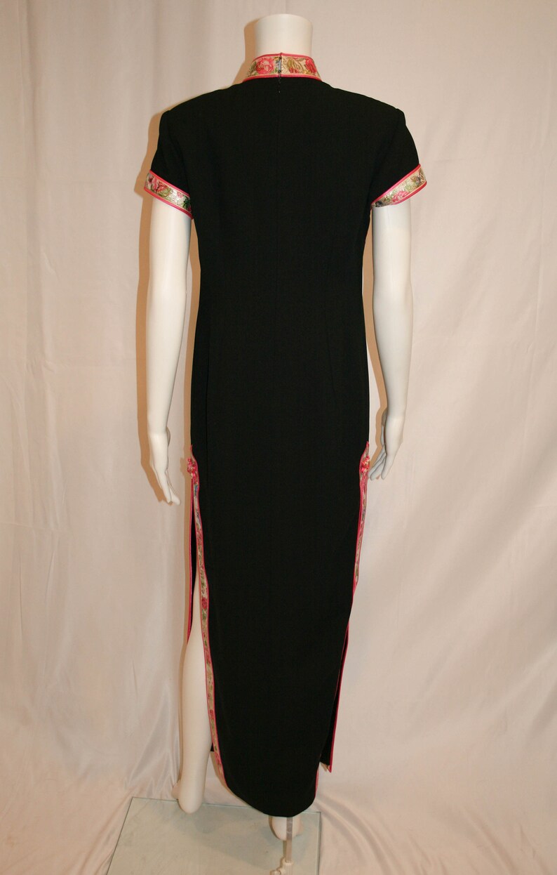 Vintage 1980s Cheongsam Black Dress With Lurex Trim and Side Slits image 6