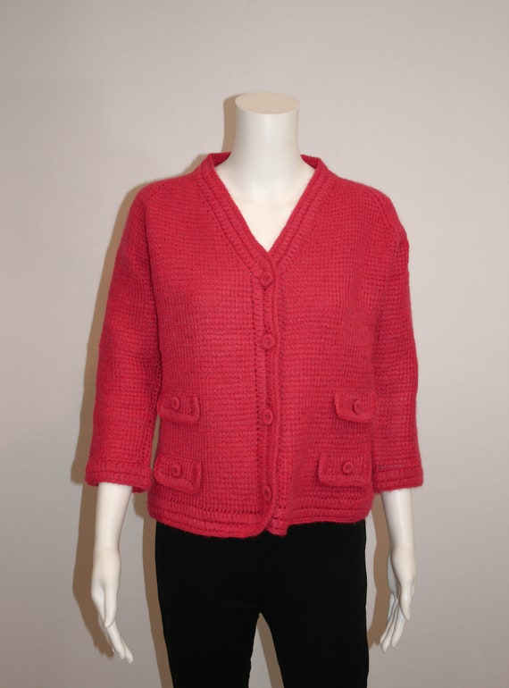 Vintage 1960s Fushcia Handknit Cardigan