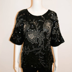 Vintage Black Sequin Silk Blouse, Disco Top