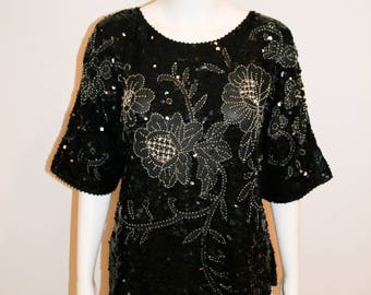 Disco Glam! Vintage Black Sequin Silk Blouse