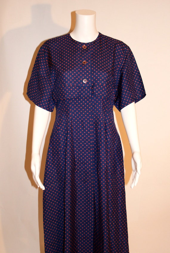 Vintage Albert Nipon Silk Navy with Red Polka Dot… - image 2