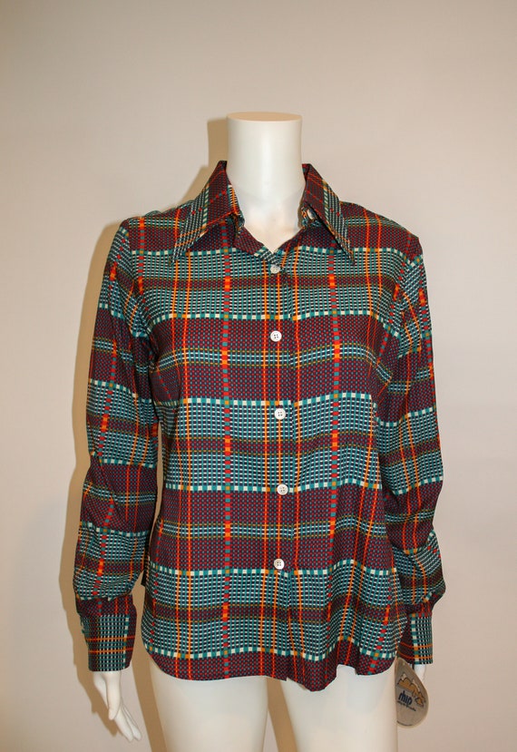 Vintage Deadstock 1970s Polyester Plaid Blouse