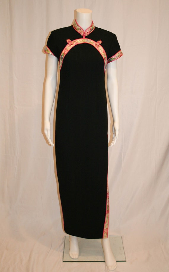 Vintage 1980s Cheongsam Black Dress With Lurex Tr… - image 1