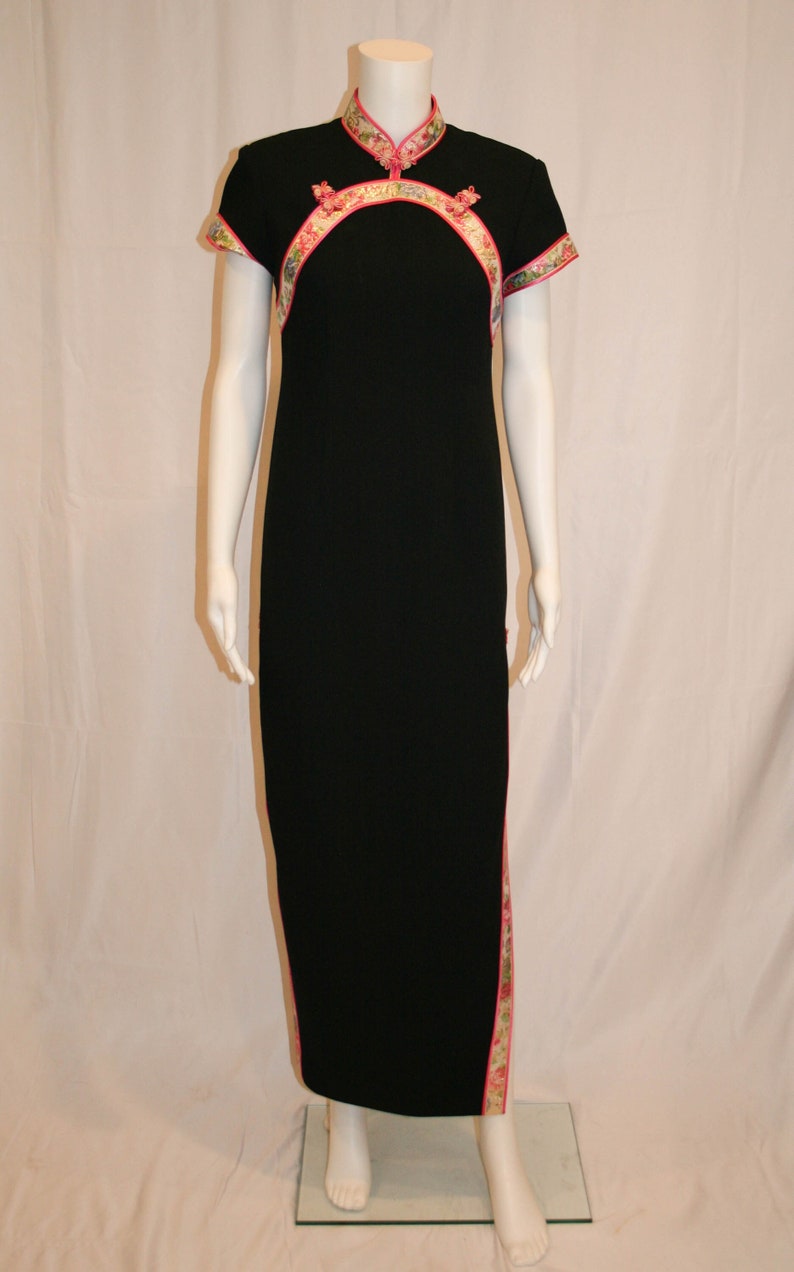 Vintage 1980s Cheongsam Black Dress With Lurex Trim and Side Slits image 1