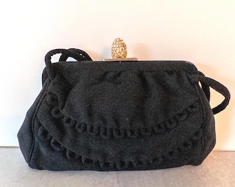 1940s Black Faille Evening Bag with Rhinestone Finial Closure designed by Frilo