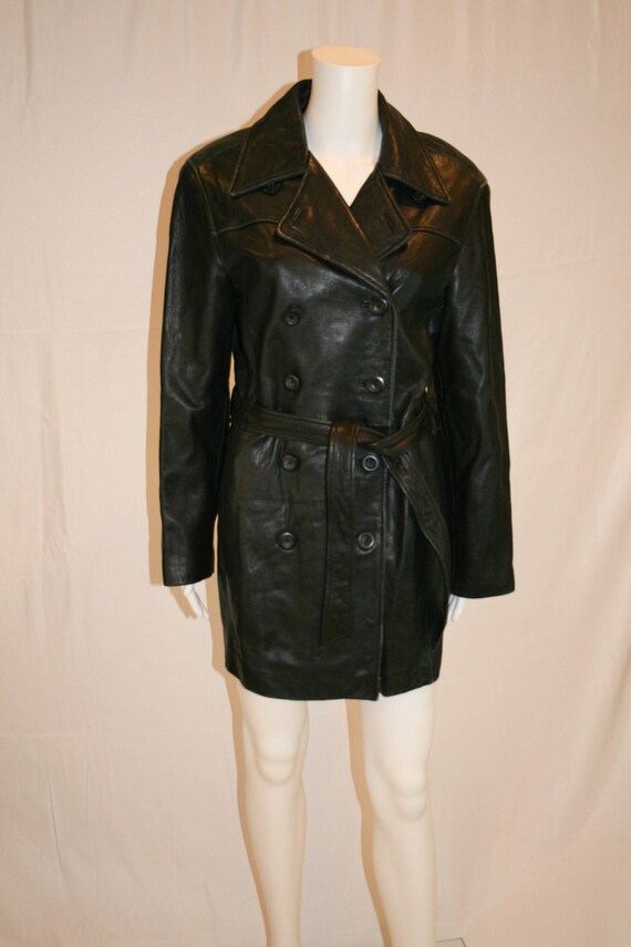 Vintage 1980s  Black Leather Peacoat by Lord and T