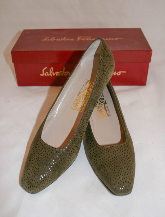 Vintage Ferragamo Womens Green Pebble Suede Low H… - image 5