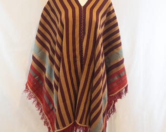 Vintage Handwoven Striped Blanket 69 x 54, Fringed Serape Style Textile, Southwestern Boho Decor