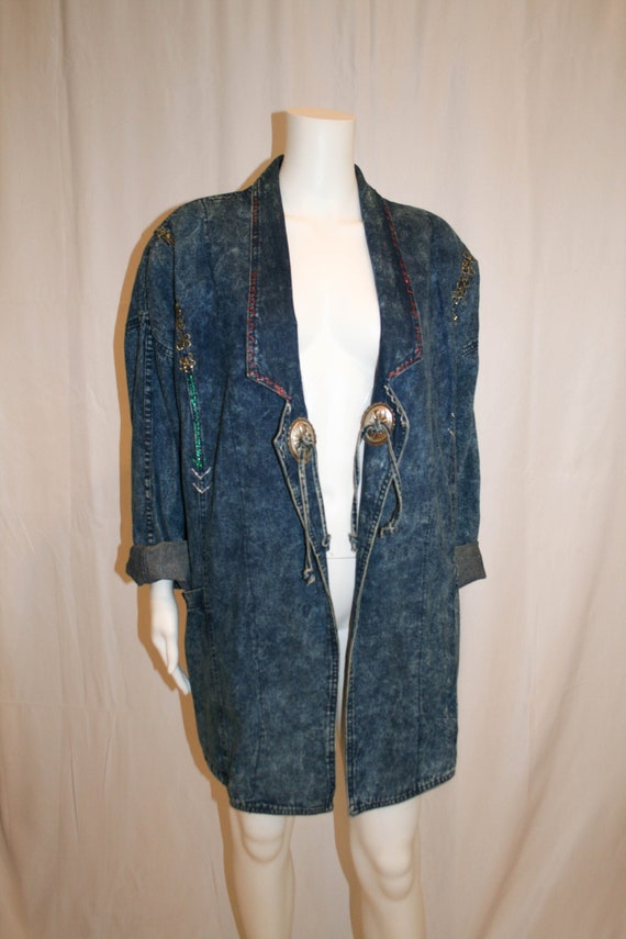 Vintage 1980s Oversized Long Denim Jacket with Con