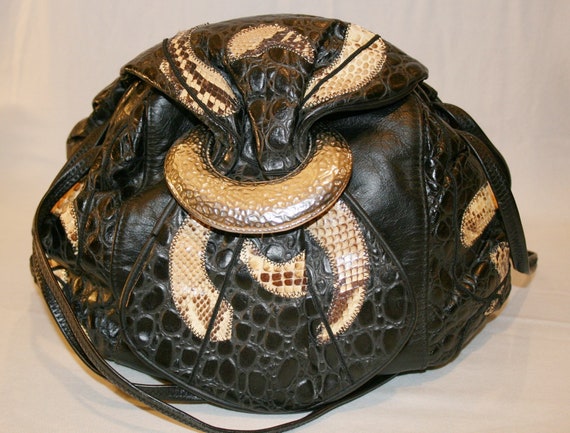 Vintage 1980s Leather & Reptile Patchwork Purse - image 1