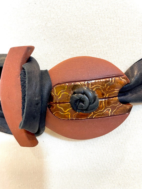 Vintage 1980s Ceramic Belt Buckle and Leather Belt - image 1