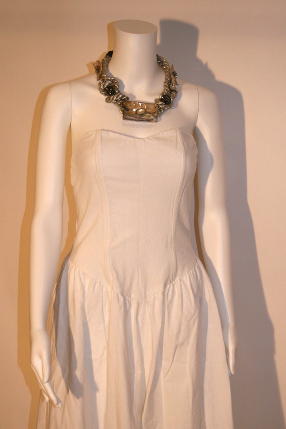 Vintage 1980s Strapless White Cotton Dress