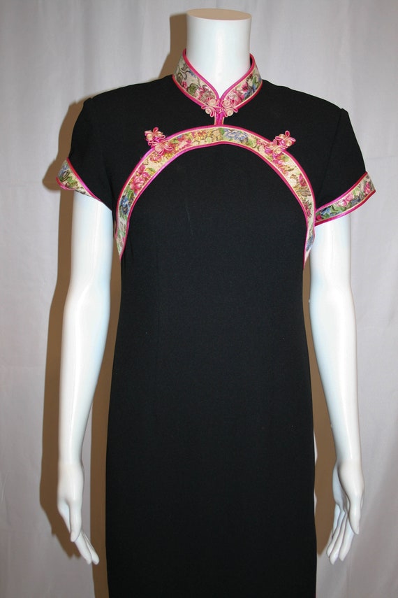 Vintage 1980s Cheongsam Black Dress With Lurex Tr… - image 2