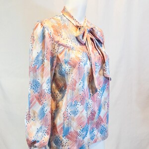 Vintage 1970s Devon Dusty Rose, Powder Blue Graphic Patterned Blouse with Bow
