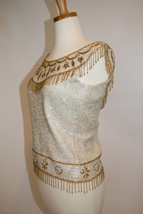 1950s Vintage Hand Beaded Sequin Cream and Gold T… - image 2