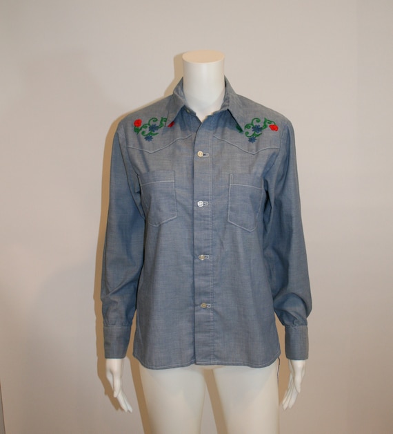 Vintage 1970s Embroidered Chambray Blouse - image 1