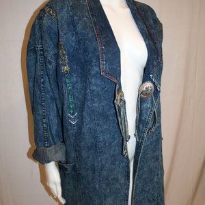 Vintage 1980s Oversized Long Denim Jacket with Conchos image 3