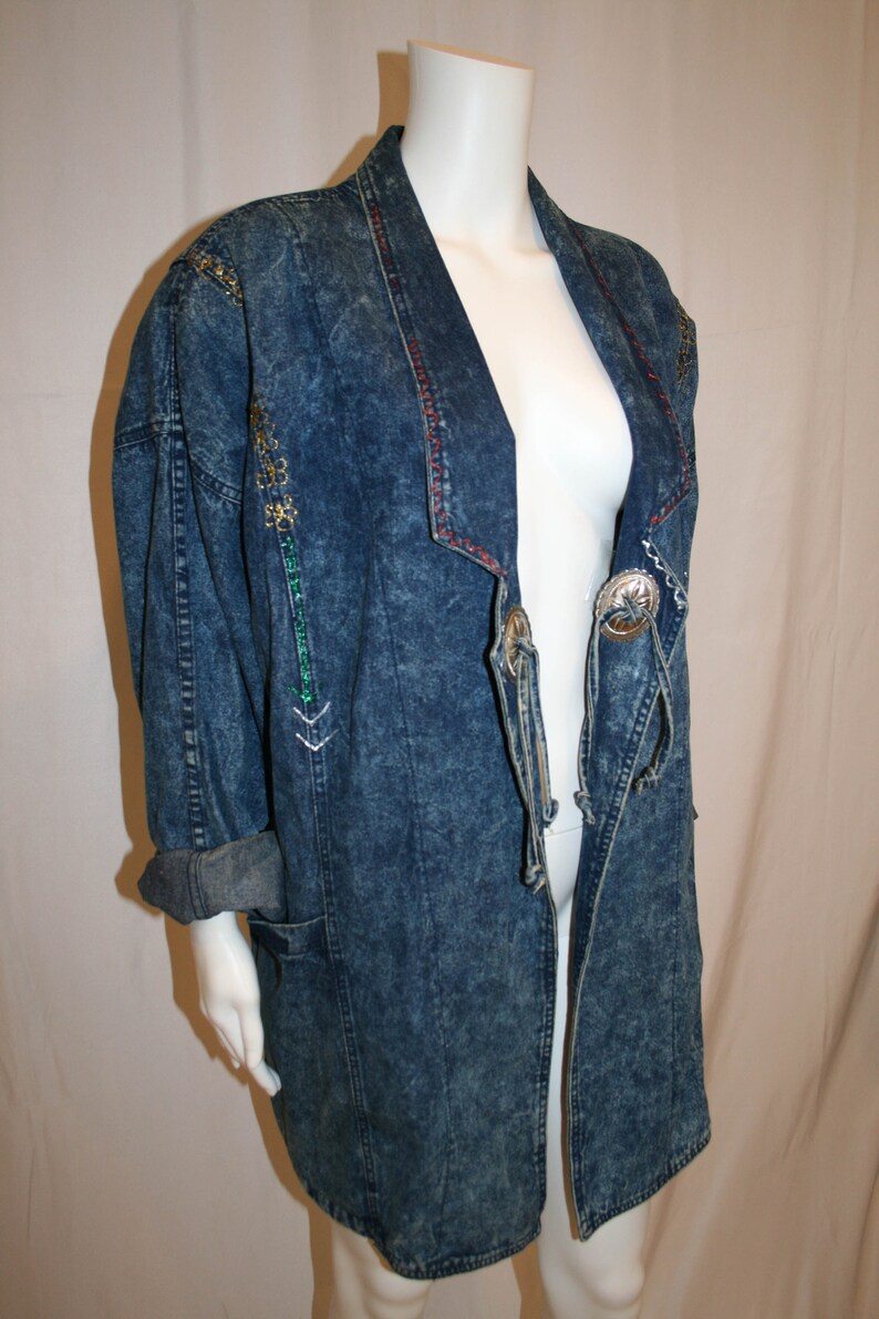 Vintage 1980s Oversized Long Denim Jacket with Conchos image 3