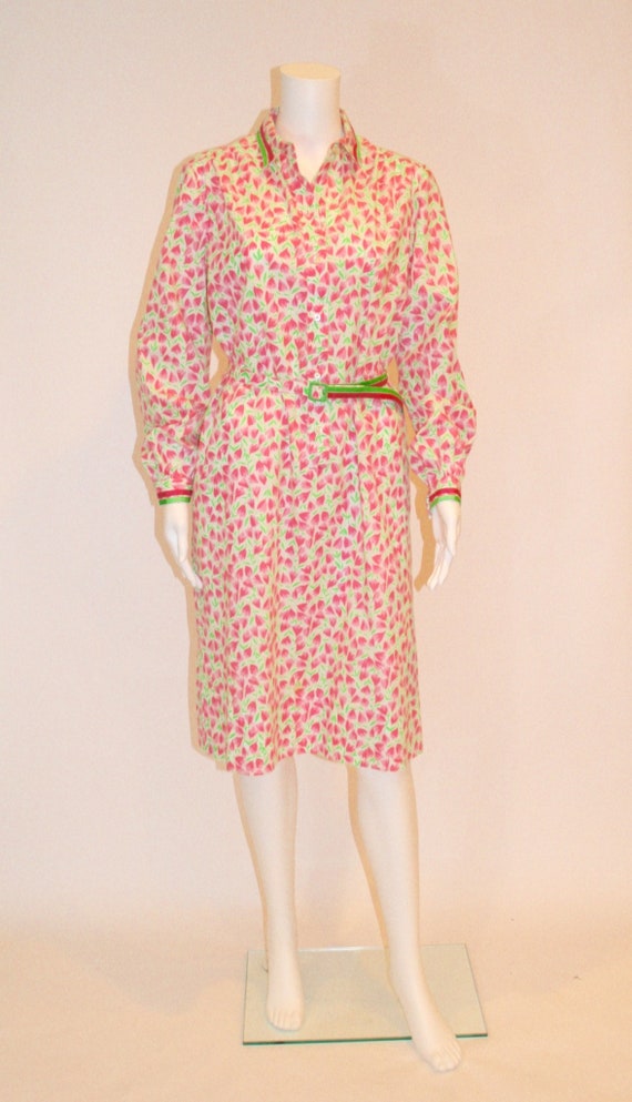 Vintage 70s Pink and Green Classic Shirtwaist Dres