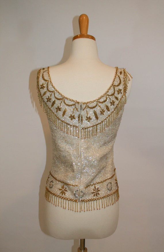 1950s Vintage Hand Beaded Sequin Cream and Gold T… - image 3