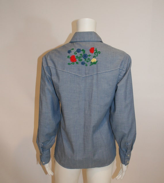 Vintage 1970s Embroidered Chambray Blouse - image 3