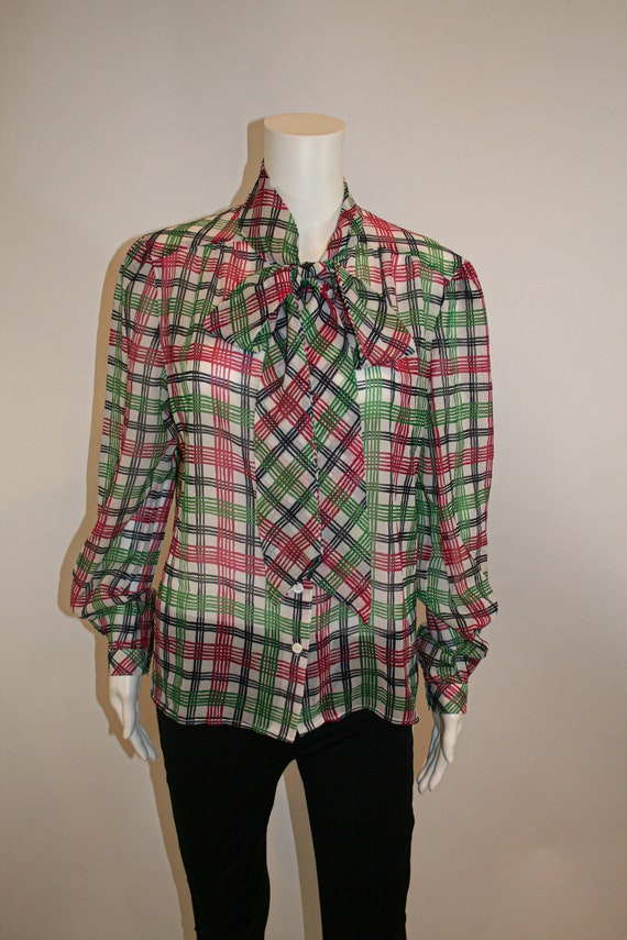 Vintage Act III Sheer Plaid Blouse with Bow