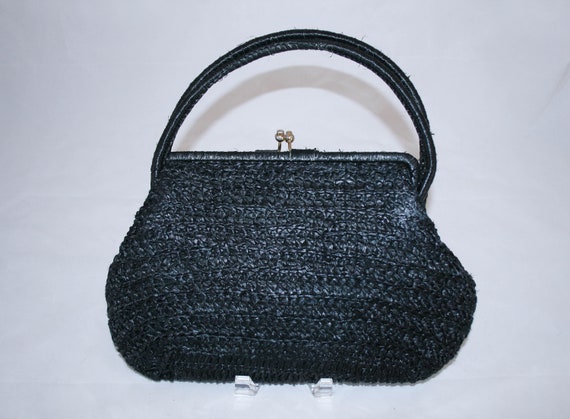 Vintage 1950s Navy Raffia Straw Handbag - image 3