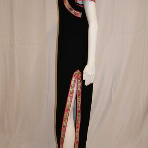 Vintage 1980s Cheongsam Black Dress With Lurex Trim and Side Slits image 5